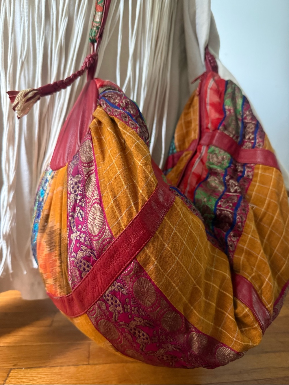 Indian Silk Patchwork Oxblood Leather XL Sling Yoga Duffle Bag